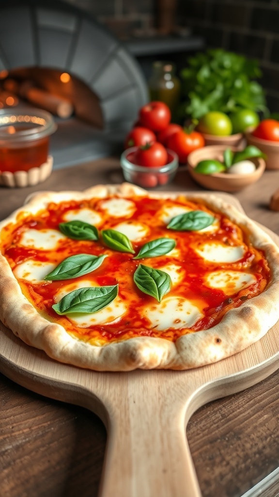 Bread Machine Neapolitan Pizza Dough Recipe A delicious Neapolitan pizza with golden crust, tomato sauce, mozzarella, and basil on a wooden peel.